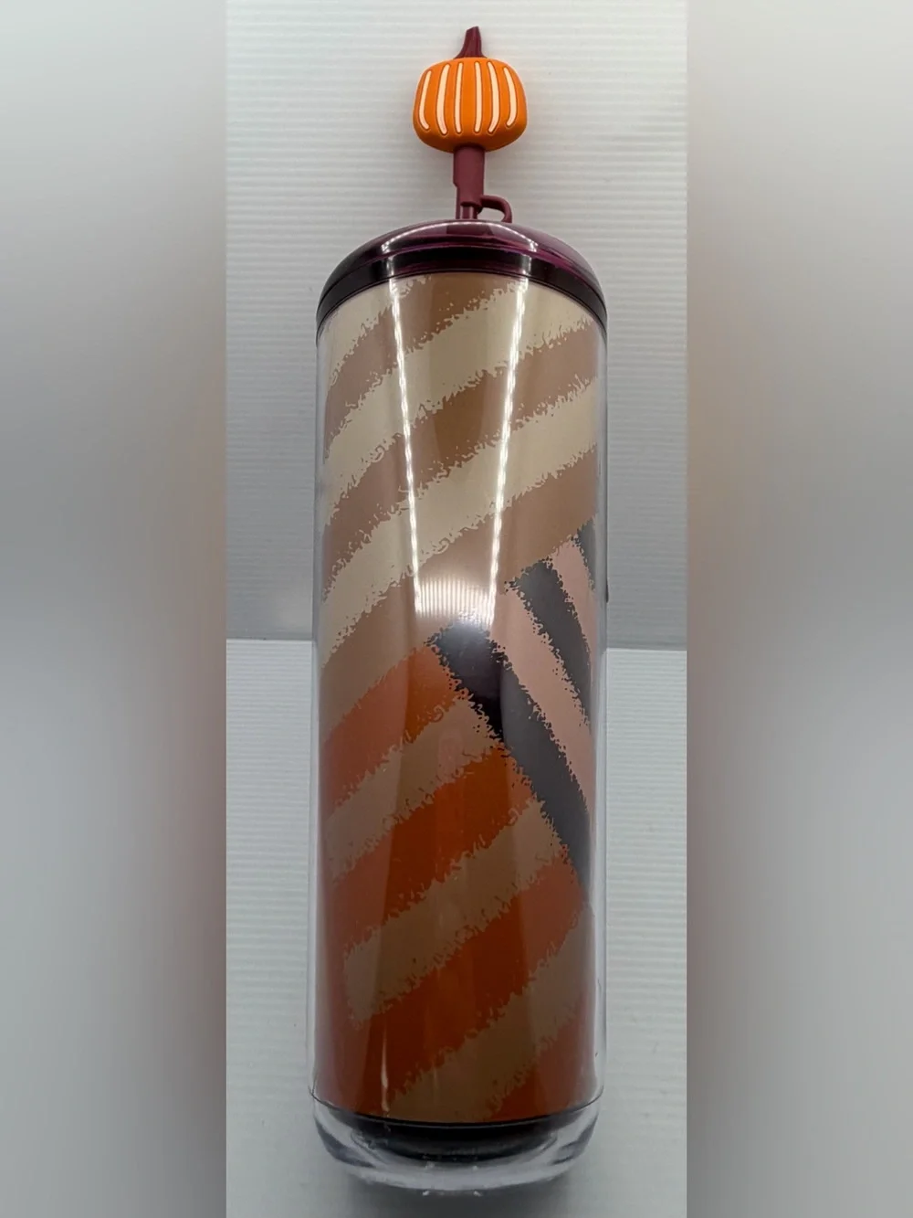 Starbucks Diagonal Striped Tumbler - Brown, Cream & Orange With Pumpkin Topper